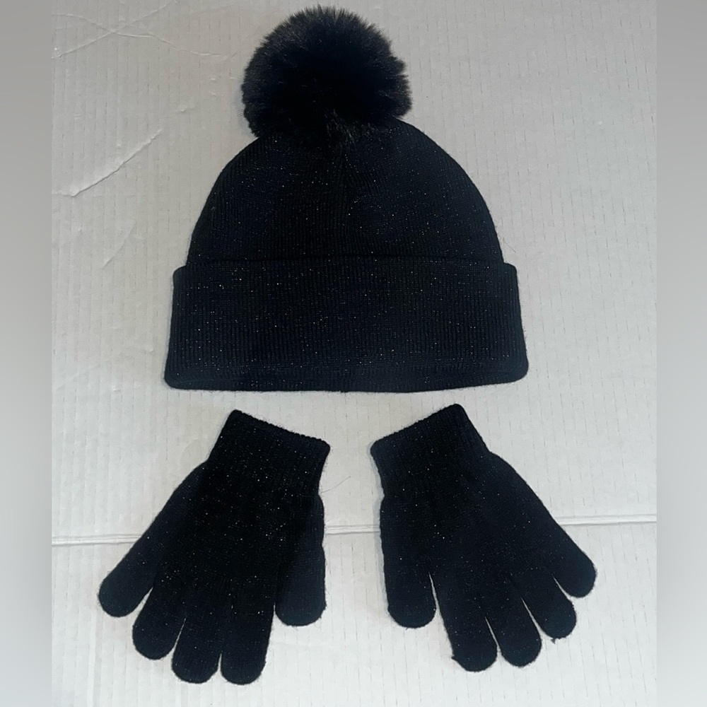 Cozy Black Pom-Pom Hat and Gloves Set for Kids